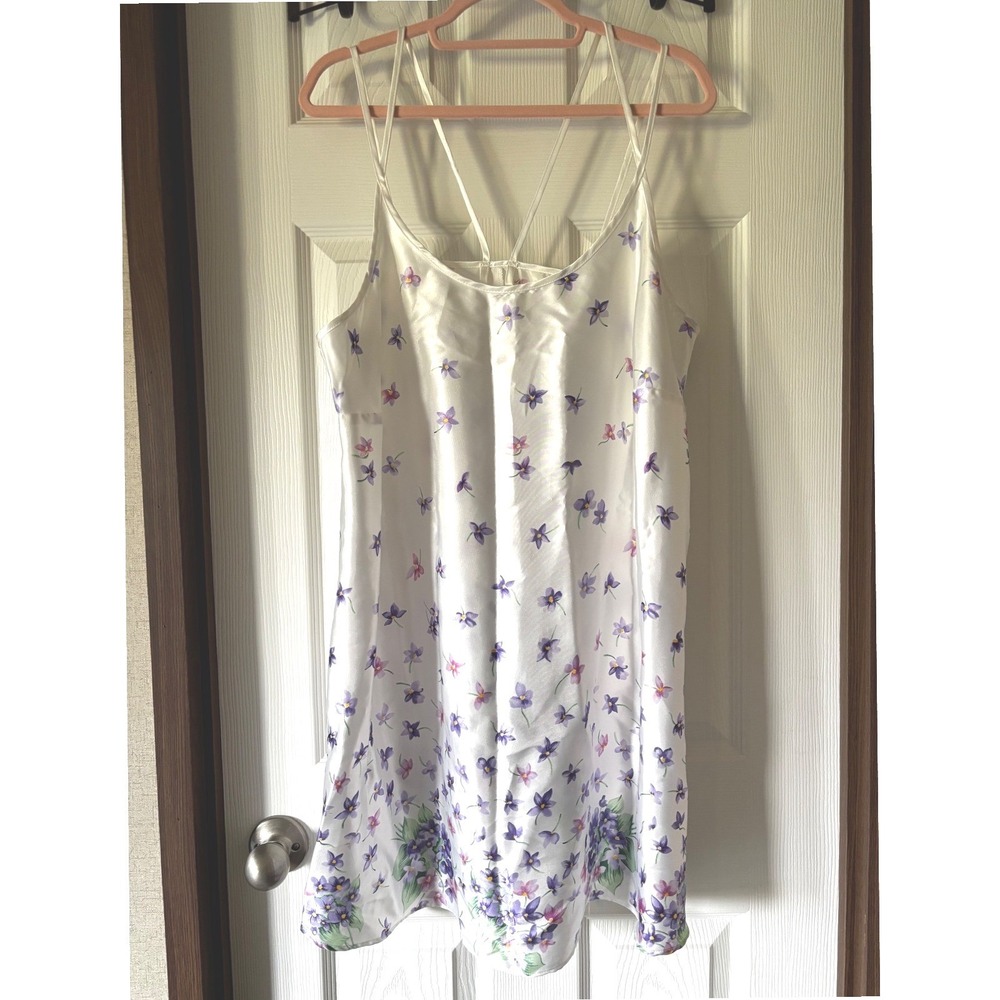 White Satin Floral Chemise Nightgown Purple Flower Strappy Back Sleepwear‎ Dress